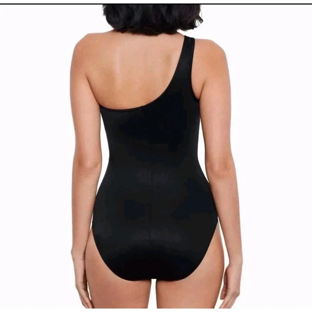 Miraclesuit Jena One Shoulder Swimsuit 10 (est) Black Mesh Slimming Ruched